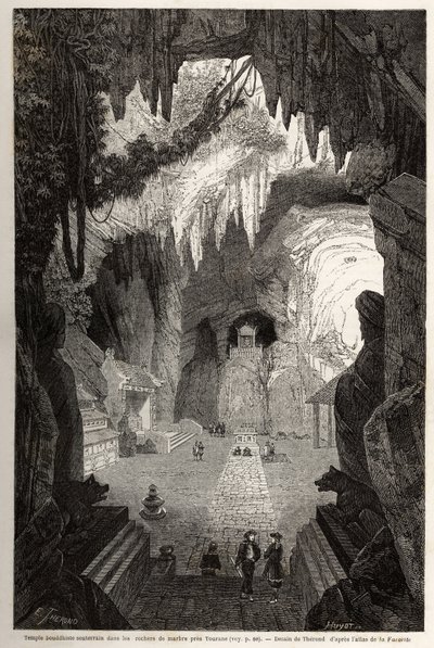 Underjordisk buddhisttempel i marmorbergarter nær Tourane, tegning av Therond, for å illustrere notatene til en unik korrespondanse med Cochinchine. Gravering i "" Le tour du monde, nouveau journal des voyages"" Paris av Emile Theodore Therond