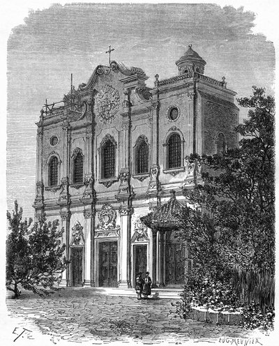 Utsikt over fasaden til katedralen i Nantang, bygget på stedet for huset til Matteo Ricci (1552-1610), katolisismens far i Kina. Gravering etter en tegning av Therond, i "" Le Tour du Monde, Nouveau journal des Voyages", redigert av Edouard Chart av Emile Theodore Therond