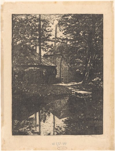 Gård og høyfjøs på vannet av Emilius Wilhelmus Dehé (signed by artist)
