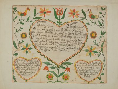 Fraktur - Fødsels- og dåpsattest av Emma M. Krumrine