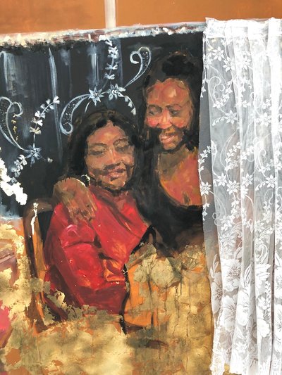 Matrilinealitet, 2019, Olje, akryl, stoff, trykk og imitert bladgull på lerret av Emma Prempeh