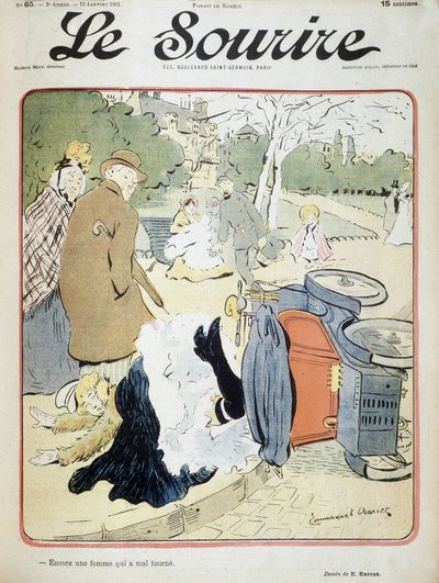 Bilulykke: "En annen kvinne som går galt."" Illustrasjon av Emmanuel Barcet (1870-1940) - i "" Le Smile"" fra 19.01.1901 av Emmanuel Barcet