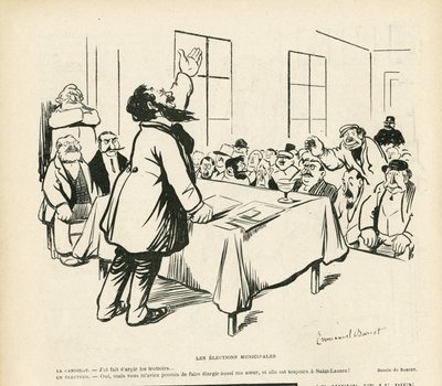 Illustrasjon av Emmanuel Barcet (1870-1940) i Le Rire, 09/05/08 - Kommunevalg - Valg, Politisk møte, møte, valgmøte, kommunevalg av Emmanuel Barcet