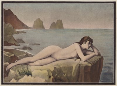 Delerium, kvinne som ligger på en klippetopp (farge litho) av Emmanuel Benner