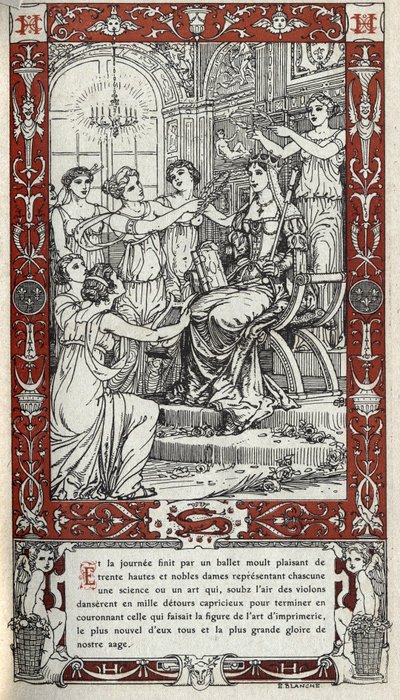 Ballett i slottet i Fontainebleau hvor damene ved hoffet til kong Henry II (1519 - 1559) hver representerer en vitenskap eller kunst. Gravering av 1914 av Emmanuel Blanche (1880-1946).DR Privat samling. av Emmanuel Blanche