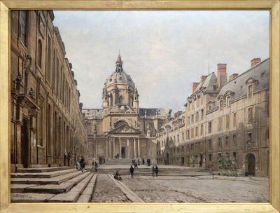 Utsikt over gårdsplassen til det gamle Sorbonne i 1886, det gamle ensemblet til Sorbonne bygget på 1600-tallet på forespørsel fra Richelieu ble ødelagt for å bli gjenoppbygd og utvidet mellom 1885 og 1901. Bygninger inspirert i Louis XIII-stilen ble design av Emmanuel Lansyer