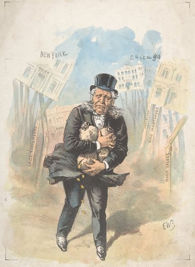 Mann som griper pengesekker mens bankene kollapser, sent på 1800- og begynnelsen av 1900-tallet. av Emmanuel Wyttenbach