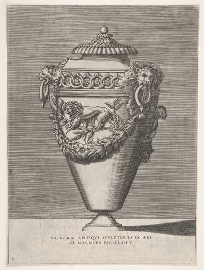 Antikk urne med lokk dekorert med et motiv av diamantringer og løver, fra vaser ..., 1543 eller senere. av Enea Vico