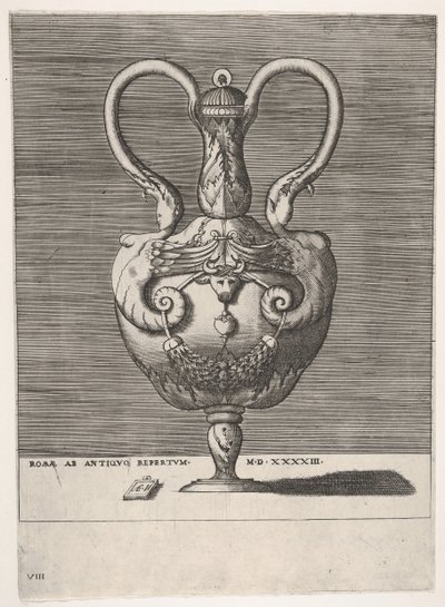 Antik vase med lokk med to håndtak som dukker opp fra Heads of Hybrid Female Sph..., 1543 eller senere. av Enea Vico