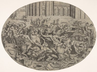 Kamp mellom amasoner og menn foran arkitektoniske arkader, en oval komposisjon med..., 1543. av Enea Vico