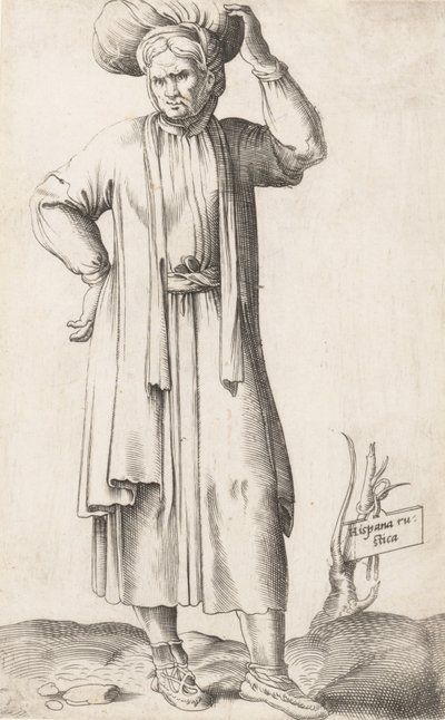 Kostymetallerken: Hispania Rustica med tøy på hodet, ca. 1557-58. av Enea Vico