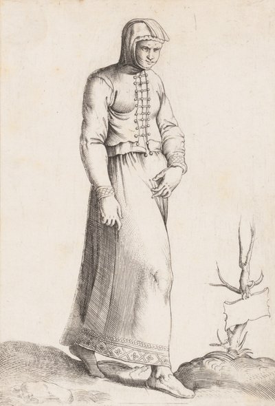 Kostymetallerken: Kvinne med hetteplagg, ca. 1557-58. av Enea Vico