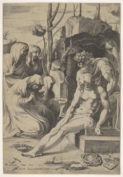 Kristi gravleggelse, hvis bryst er grepet av Josef av Arimathea, med to knelende og..., 1543. av Enea Vico