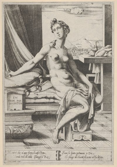 Lucretia naken og sittende foran et vindu, en dolk i høyre hånd og holder d..., ca. 1535-67. av Enea Vico