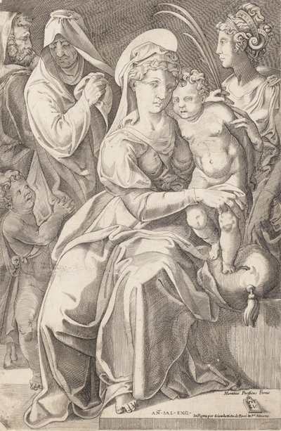 Den hellige familie med St. Anne og St. Catherine, 1542, utgitt 1627-50. av Enea Vico