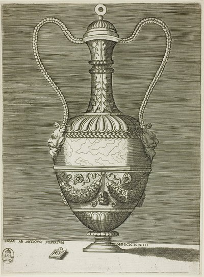 Vase med to groteske masker, plate seks fra A Series of Vases Drawn After the Antique av Enea Vico