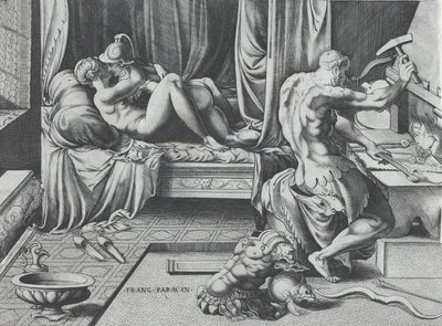 Venus og Mars omfavner som Vulcan Works at His Forge, 1543. av Enea Vico