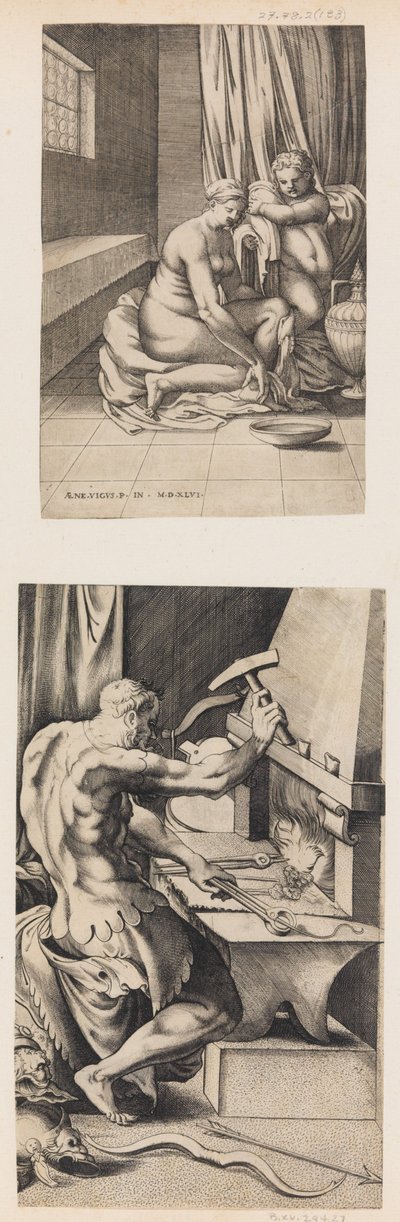 Venus ved toalettet hennes, og Vulcan Working at His Forge, ca. 1546. av Enea Vico