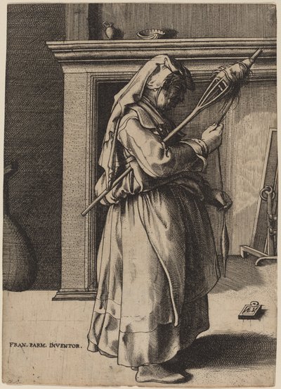 Gammel kvinne med en distaff av Enea Vico after Parmigianino
