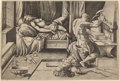 Venus ligger tilbakelent med Vulcan i smia hans av Enea Vico after Parmigianino