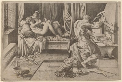 Venus og Mars omfavner Vulcan i smia hans av Enea Vico after Parmigianino