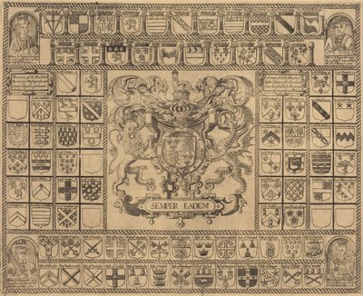 Våpenskjold med hjørneportretter av Henry VII, Henry VIII, Edward VI og Mary av English 16th Century