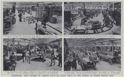 Montering, hvordan arbeidsdeling spiller sine mange roller i produksjonen av Morris Motor Cars (s/hv-bilde) av English Photographer