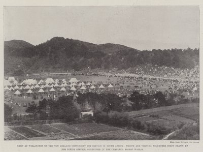 Leir ved Wellington i New Zealands kontingent for tjeneste i Sør-Afrika, tropper og besøkende frivillige korps utarbeidet for gudstjeneste, ledet av kapellanen, biskop Wallis av English Photographer