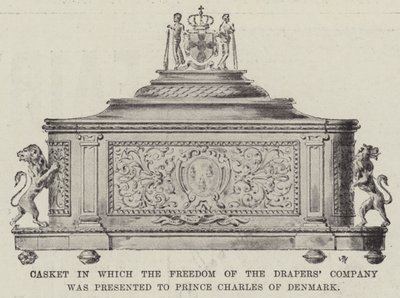 Kist hvor Freedom of the Drapers Company ble overrakt til prins Charles av Danmark av English Photographer