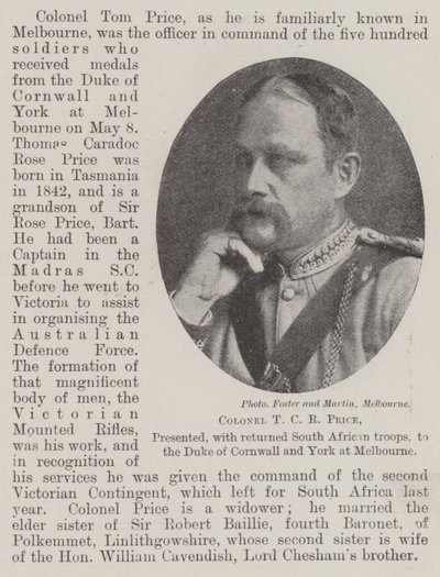 Oberst T C R Price, presentert, med returnerte sørafrikanske tropper, til hertugen av Cornwall og York i Melbourne av English Photographer
