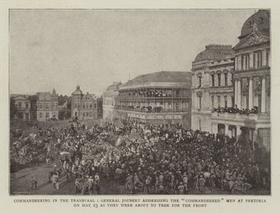 General Joubert som kommandant i Transvaal talte til de befalede mennene i Pretoria 23. mai da de var i ferd med å trekke for fronten. av English Photographer