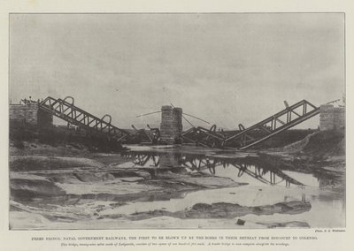 Frere Bridge, Natal Government Railways, den første som ble sprengt av boerne i deres retrett fra Estcourt til Colenso av English Photographer