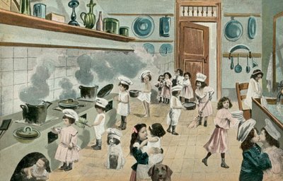 Jenter som lager mat på kjøkkenet (fargebilde) av English Photographer