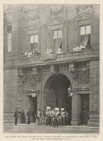Hennes Majestet Dronningen og de kongelige besøkende ser på avgangen til hertugen av York og hans brud fra Buckingham Palace av English Photographer