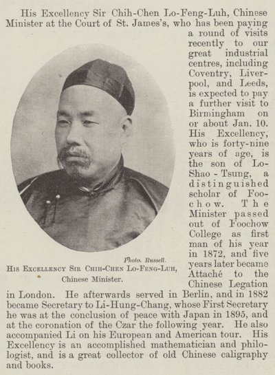 Hans eksellens Sir Chih-Chen Lo-Feng-Luh, kinesisk minister av English Photographer