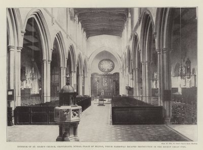Interiøret i St Giles Church, Cripplegate, Burial-Place of Milton, som så vidt slapp unna ødeleggelsen i den nylige store brannen av English Photographer