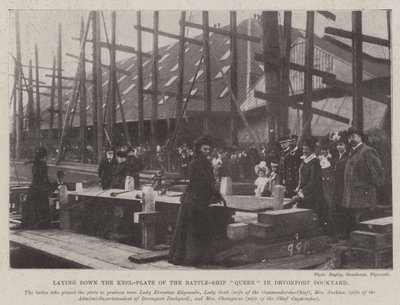 Legger ned kjølplaten til Battle-Ship Queen i Devonport Dockyard av English Photographer