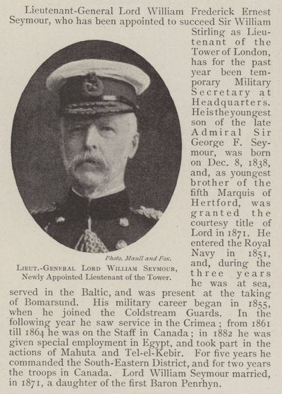 Generalløytnant Lord William Seymour, nyutnevnt løytnant av tårnet av English Photographer
