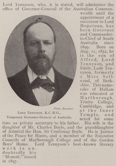Lord Tennyson, KCMG, midlertidig generalguvernør i Australia av English Photographer
