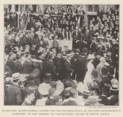 Generalmajor Baden-Powell legger grunnsteinen til New Charterhouse Cloisters til minne om karteusere falne i Sør-Afrika av English Photographer