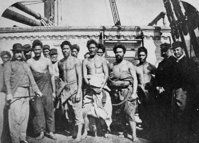Maori-fanger om bord i et fengselshulk i Wellington Harbour, 1866 av English Photographer