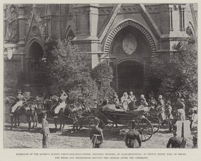 Ekteskap med dronningens eldste oldebarn, prinsesse Feodora av Saxe-Meiningen, med prins Henry XXX av Reuss, bruden og brudgommen som forlot kirken etter seremonien av English Photographer