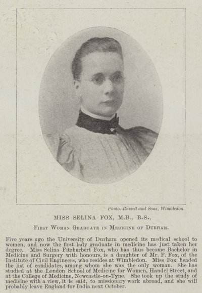 Frøken Selina Fox, MB, BS, First Woman Graduate in Medicine of Durham av English Photographer
