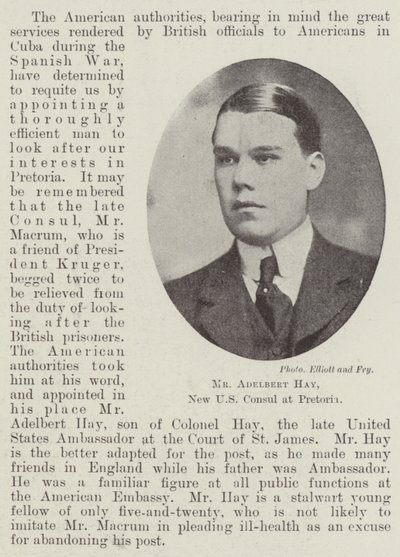 Mr Adelbert Hay, ny amerikansk konsul i Pretoria av English Photographer