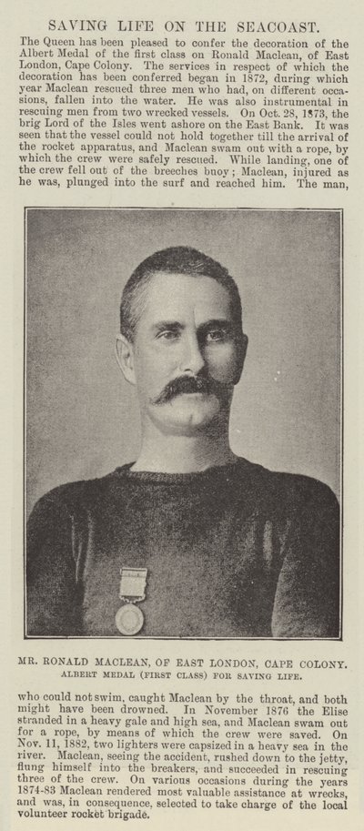 Mr Ronald Maclean, fra East London, Cape Colony, Albert-medalje (første klasse) for å redde liv av English Photographer