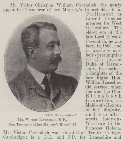 Mr Victor Cavendish, MP, ny kasserer for hennes Majestys husholdning av English Photographer