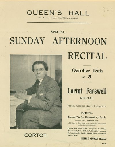Program for Cortot Farewell Recital av English Photographer