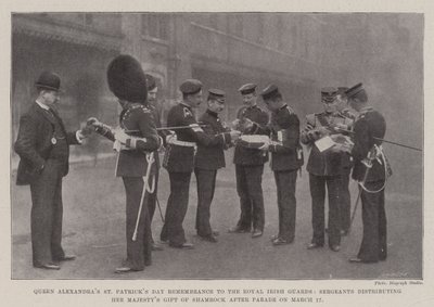 Dronning Alexandras St Patricks Day-minne til Royal Irish Guards, sersjanter som distribuerer Hennes Majestets gave av Shamrock etter paraden 17. mars av English Photographer