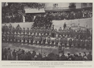 Mottak ved Kingston-on-Thames av Service Corps of the 2nd East Surrey Volunteers returnerte fra Sør-Afrika, og ordføreren ønsket velkommen til Mennene ved Coronation Stone av English Photographer