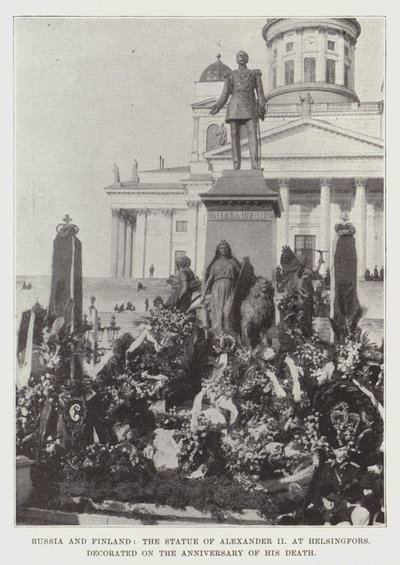 Russland og Finland, statuen av Alexander II ved Helsingfors, dekorert på årsdagen for hans død av English Photographer